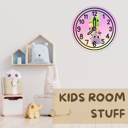 Childrens room featuring stuffed animals, shelves, a toy vehicle, and a colorful wall clock with KIDS ROOM STUFF text.